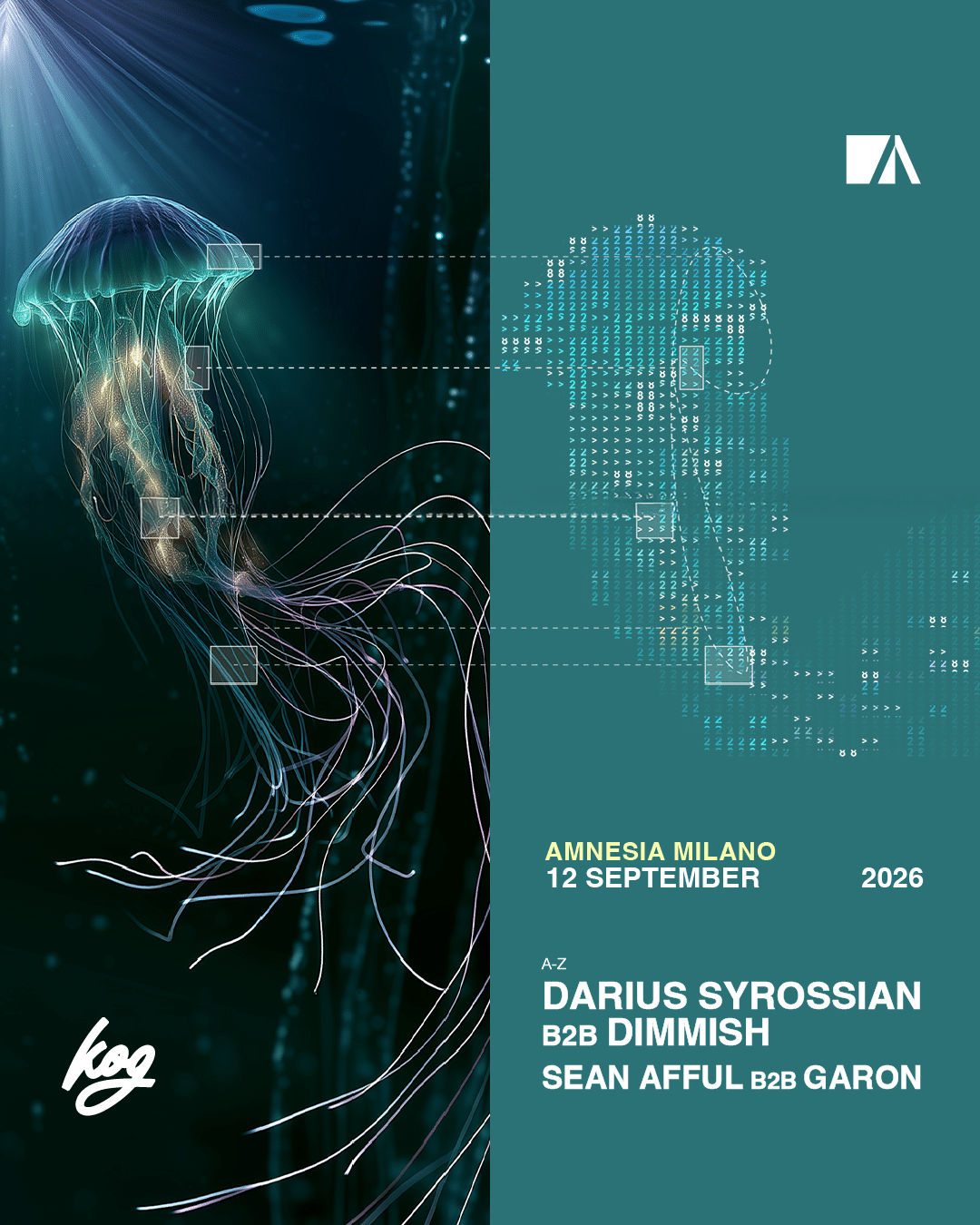 Una medusa luminosa con effetti digitali promuove un evento musicale di Kink Live Milano che si terr&agrave; all&rsquo;Amnesia Milano il 12 settembre 2026. Amnesia Milano